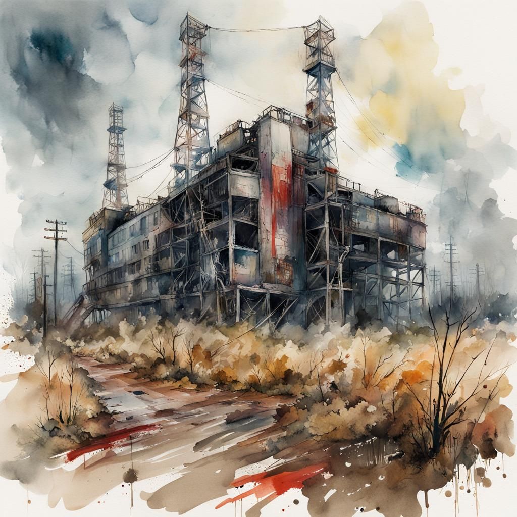 Industrial Ruin: Chernobyl Nuclear Power Plant in Watercolou...