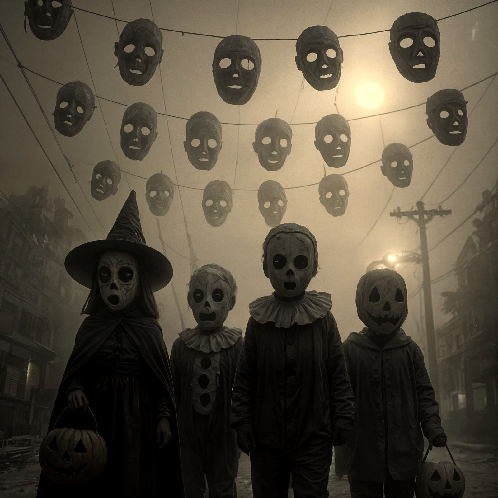 Eerie Halloween Street Scene with Hollow-Faced Trick-or-Trea...
