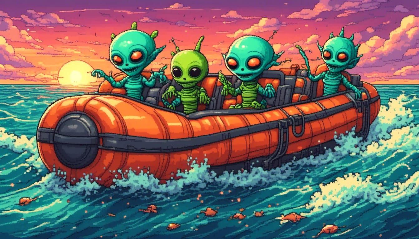 Cute Aliens on a Life Raft at Sunset