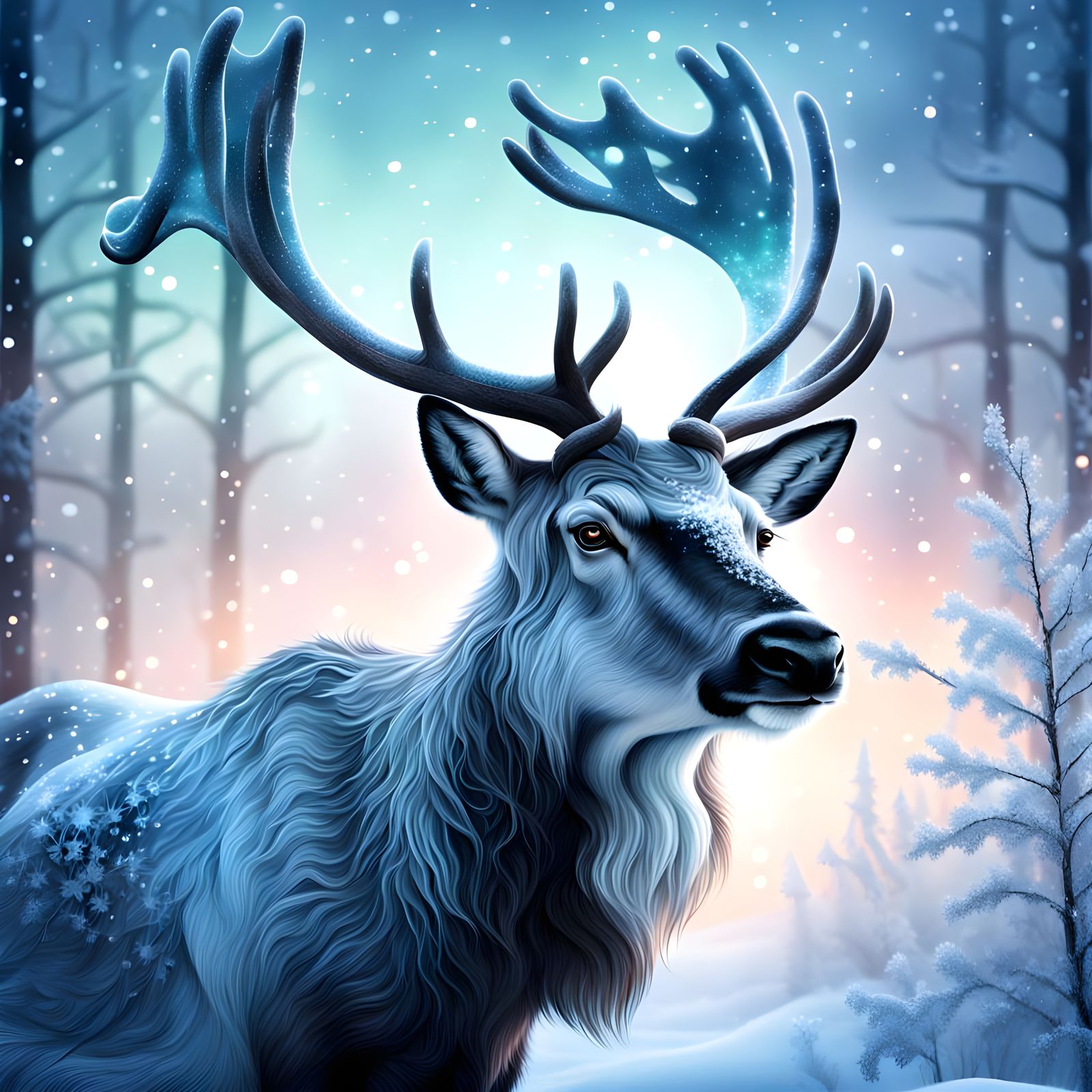 Reindeer Gaze Under Aurora Borealis Winter Sky