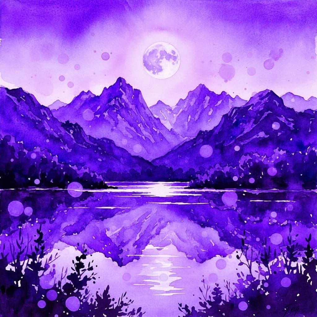 Baroque Watercolour Mountains Under Purple Moon