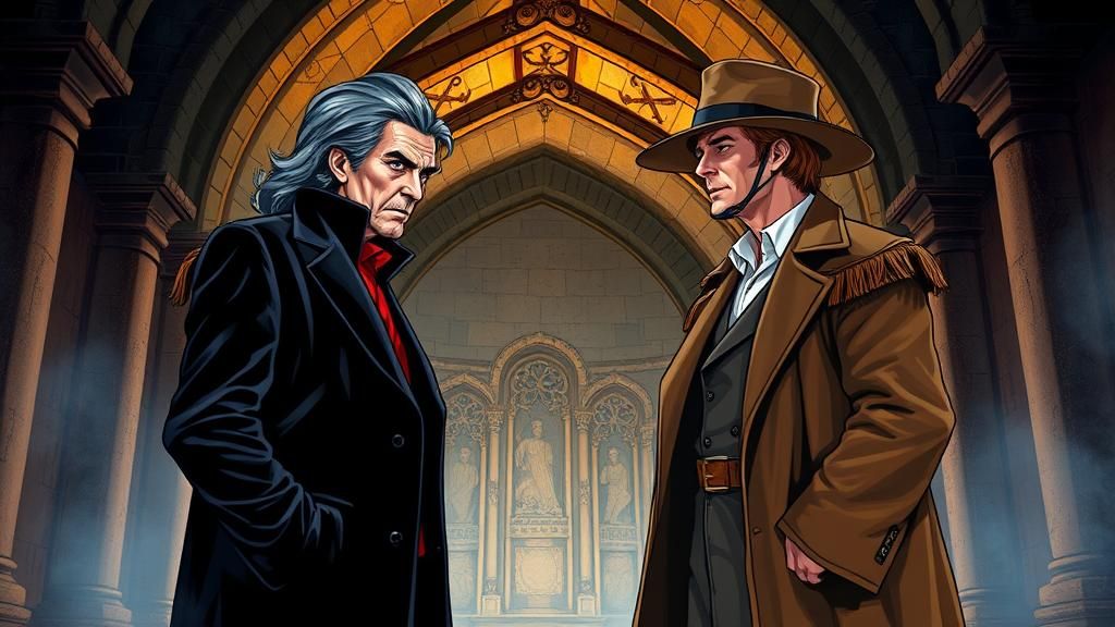 The Master (Anthony Ainley) and The Doctor (Tom Baker) discussing things