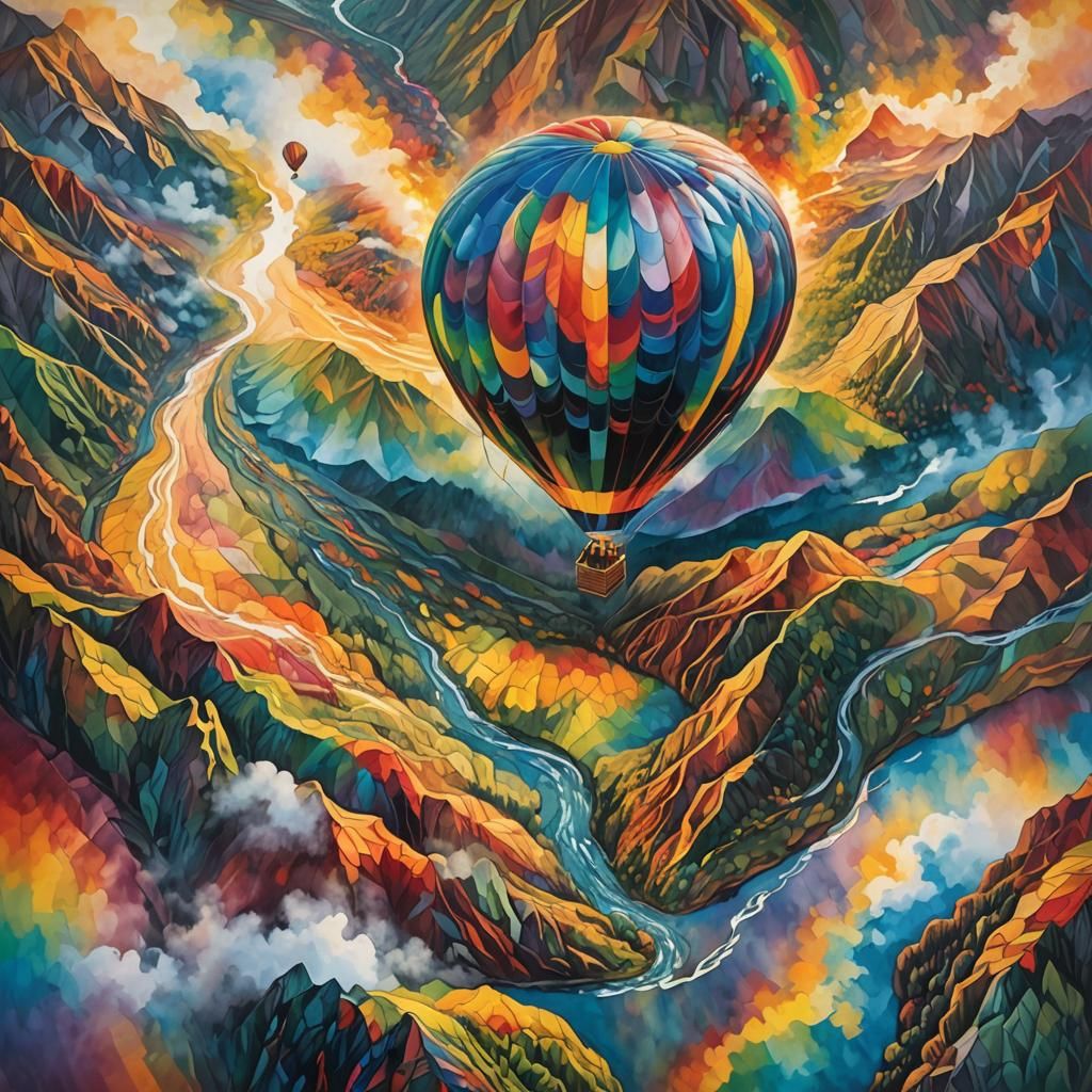 Hot Air Balloon Over Rainbow Mountains in Abstract Style