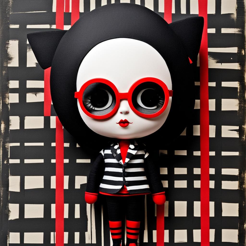 Chibi goth doll by terry runyan, by elise gravel, by sally payne; collage art; mixed media; folk art; altered art; A dol...
