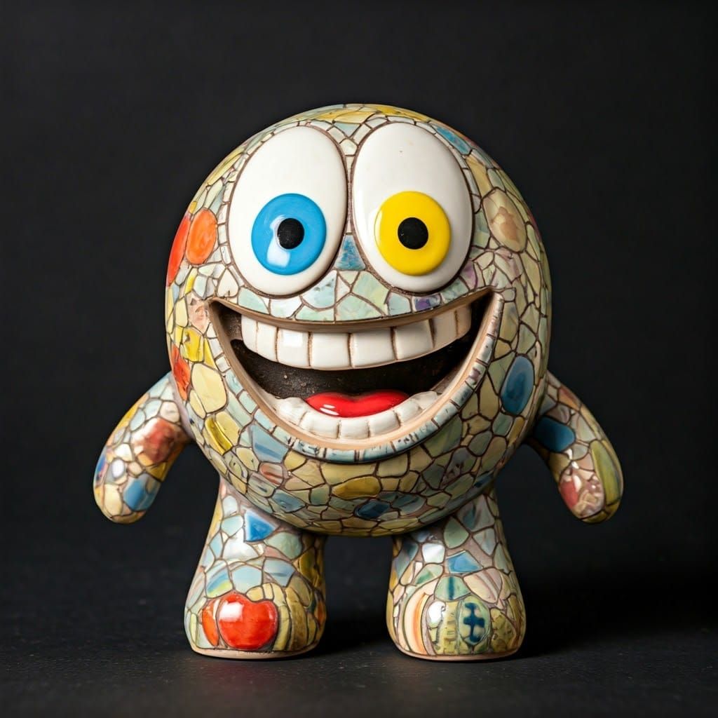 Vibrant Cartoon Monster Made from Mismatched Ceramic Pieces