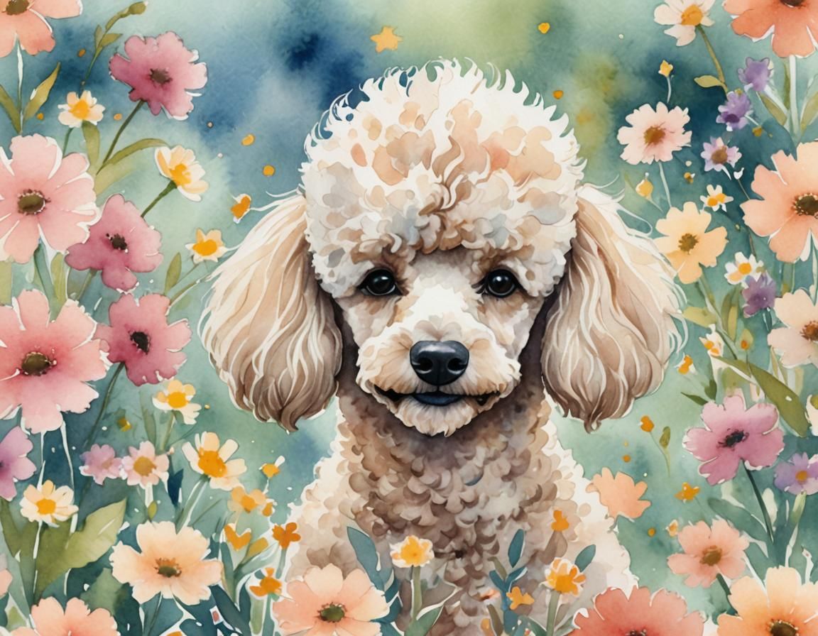 Illustration, A minimalist style poodle is smiling happily among the flowers