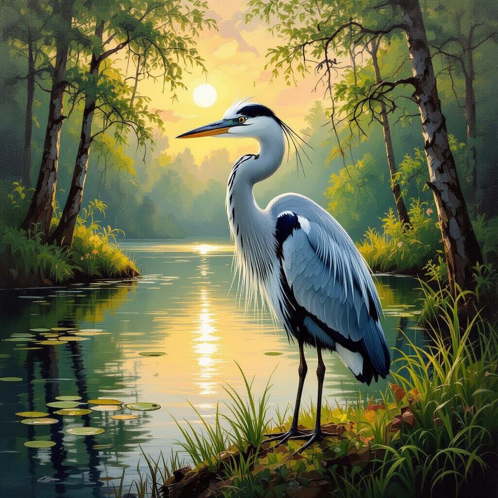 Impressionist Heron Portrait in Textured Forest Painting