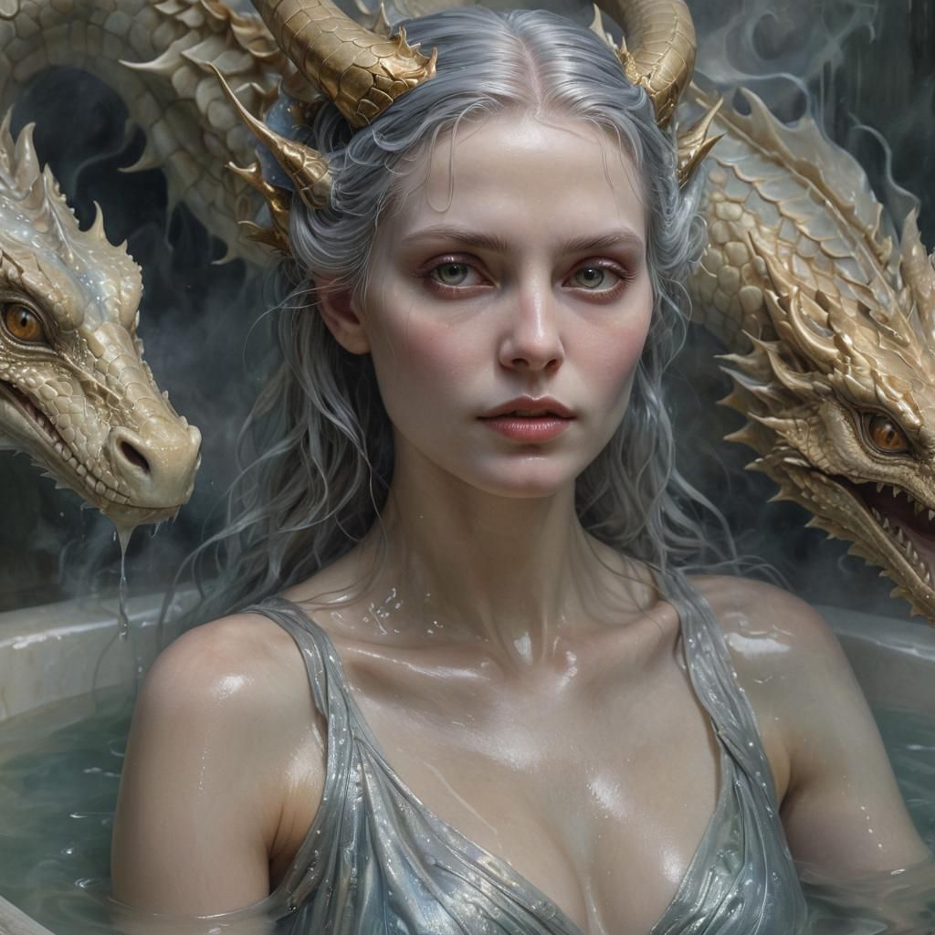 Milk Woman and Dragon in Surreal Bath