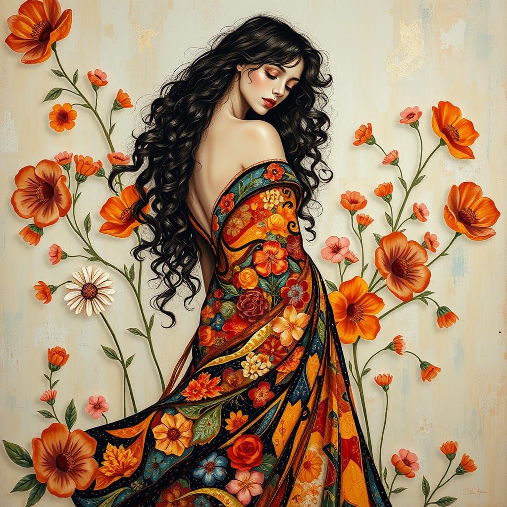 Woman in Golden Bloom, Dynamic Gouache Artwork