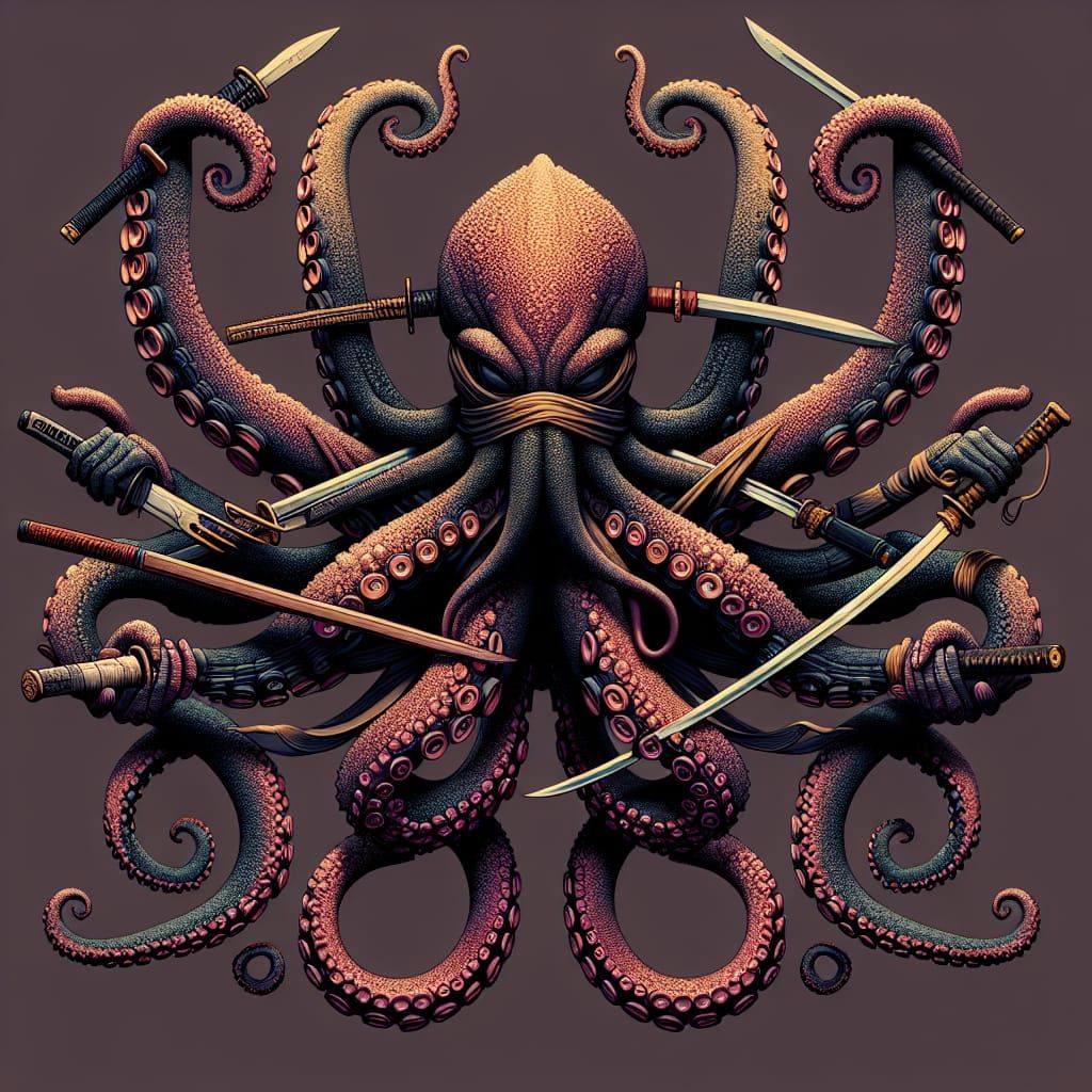 Octopus Ninja Digital Art with Weapons