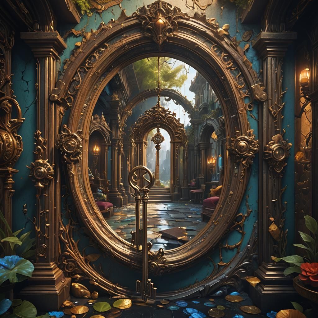 Surreal Passage Between Mirrors in Detailed Matte Painting
