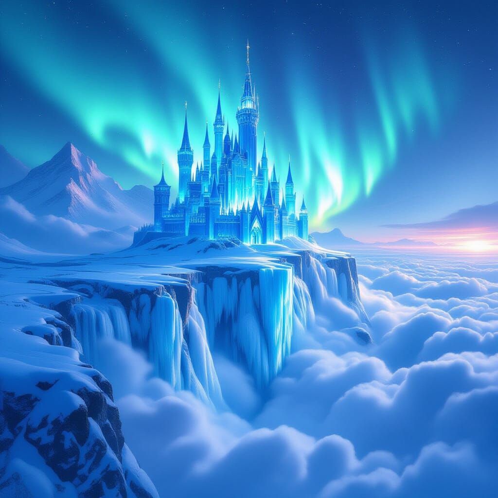 Crystal Castle on Icy Cliff Under Aurora Borealis