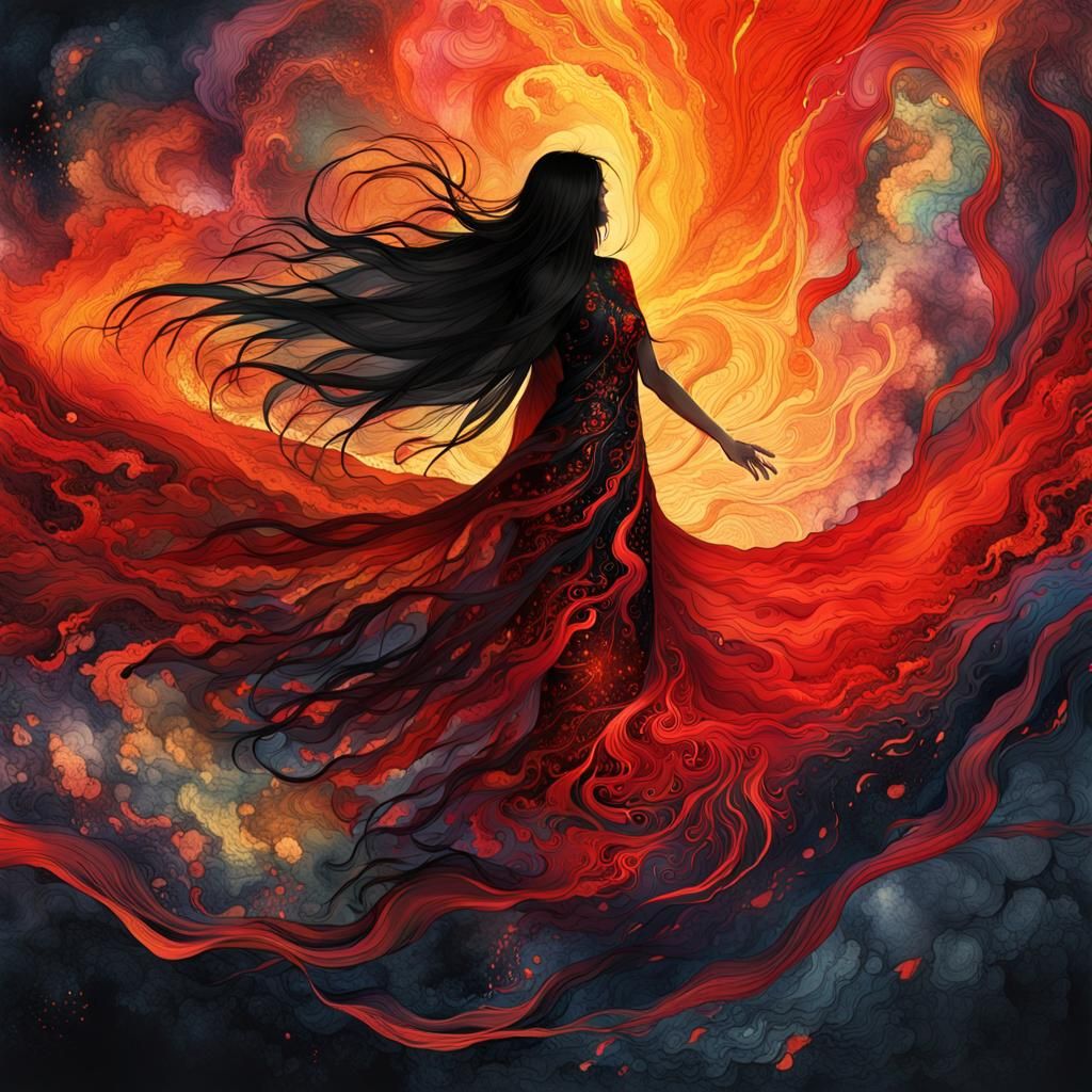 Woman Dancing in Volcanic Crater with Silk Cloth