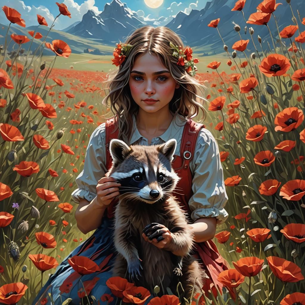 Raccoon and Woman Picnic in Poppy Field as Impasto Painting