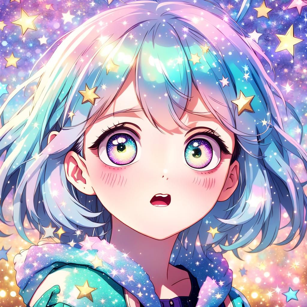 Cute Anime Girl with Sparkling Starry Eyes