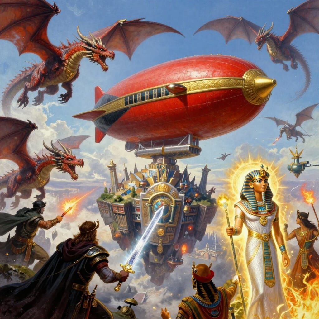 Epic Airship Battle Above Floating City with Dragons and Wiz...