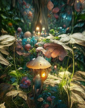 Enchanted Fairy Cottage in Forest, Iridescent Art Nouveau