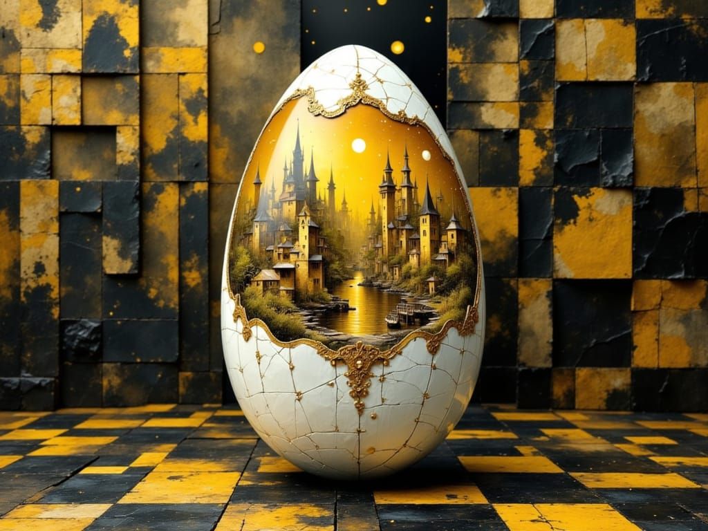 Cracked Porcelain Egg Reveals Golden Cityscape
