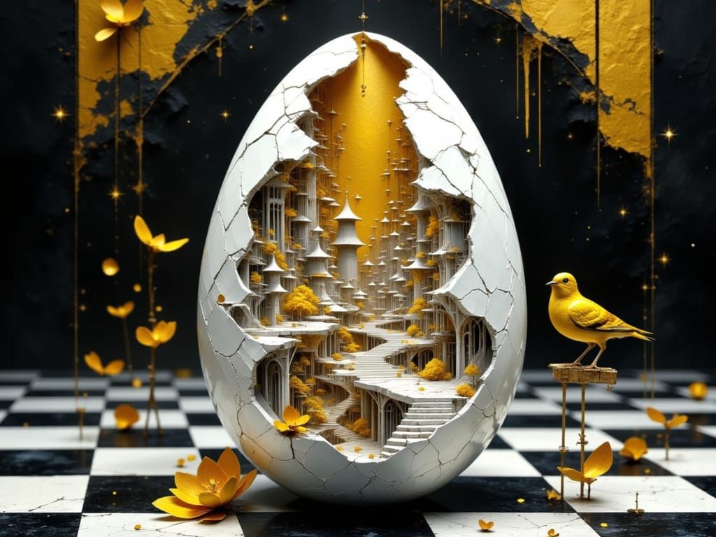 Surreal Egg Reveals Golden Cityscape in Ornate Style