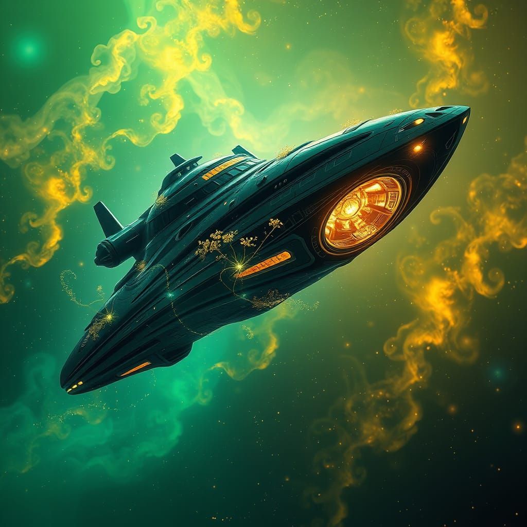 Art Nouveau Spaceship in Emerald and Gold Nebula
