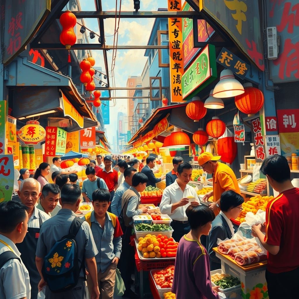 Colorful Chinese Street Food Market Painting