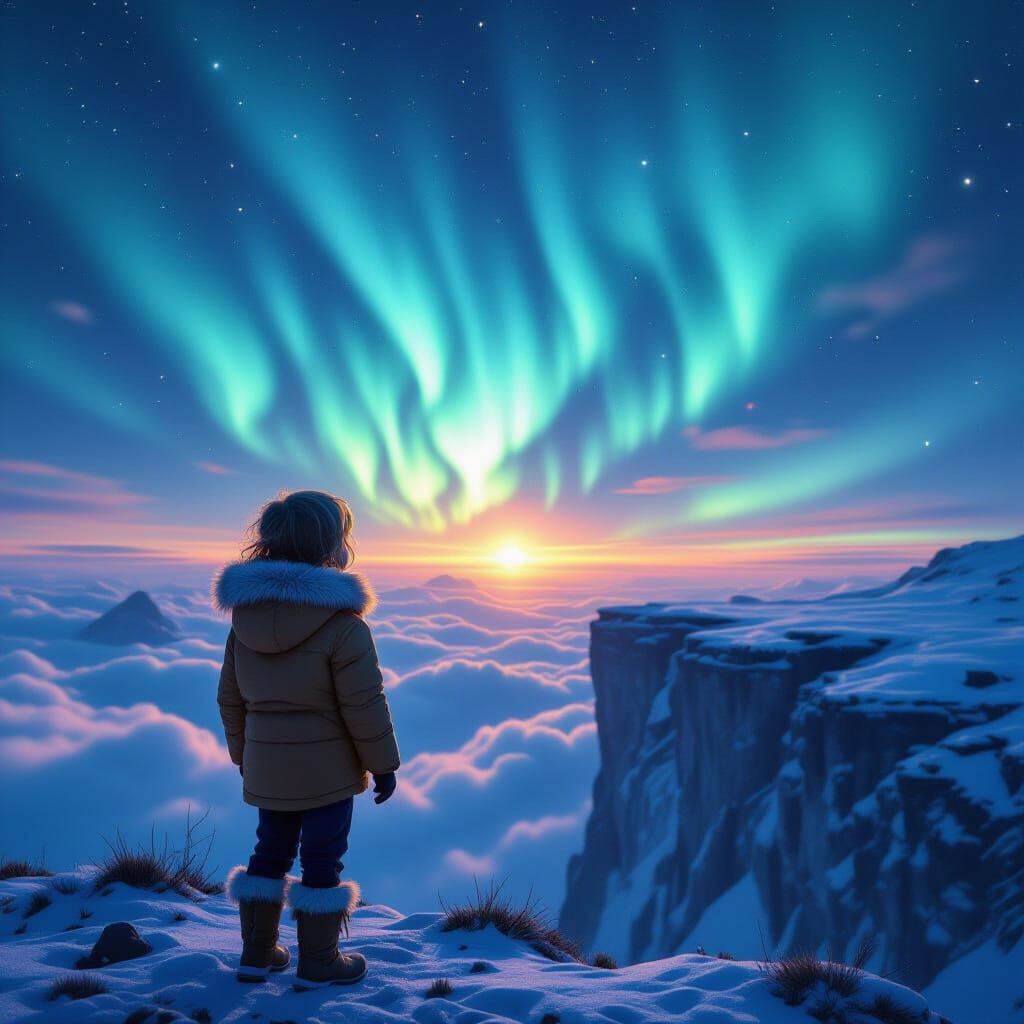 Child Gazes at a Vibrant Universe in Hyper-Realism