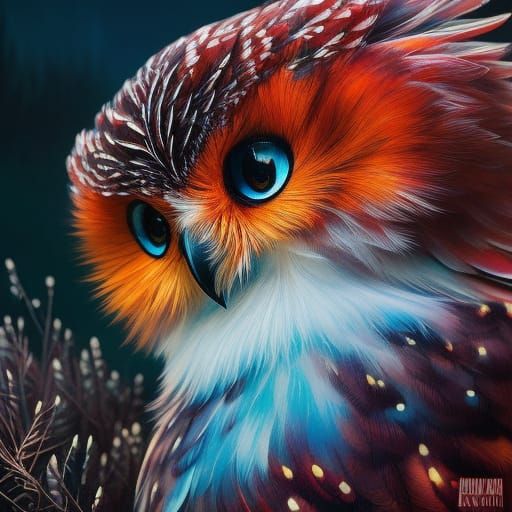 Cute Winter Owl Portrait in Liquid Ink Style