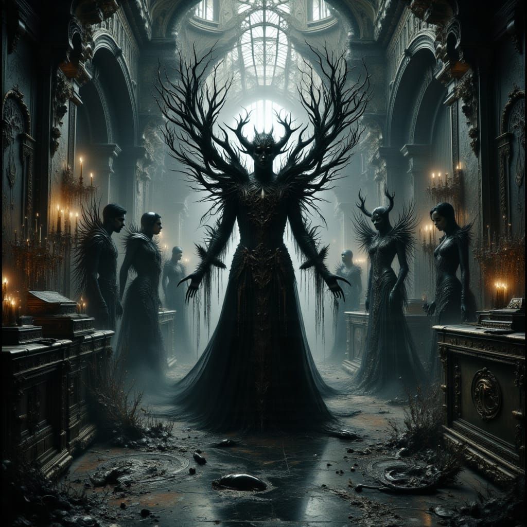 Gothic Horror Celestial Hall with Demons and Screaming Souls