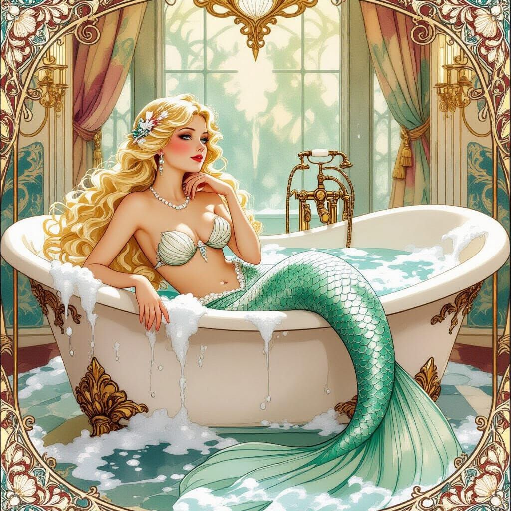 Blonde Mermaid in Lavish Art Nouveau Hotel Room