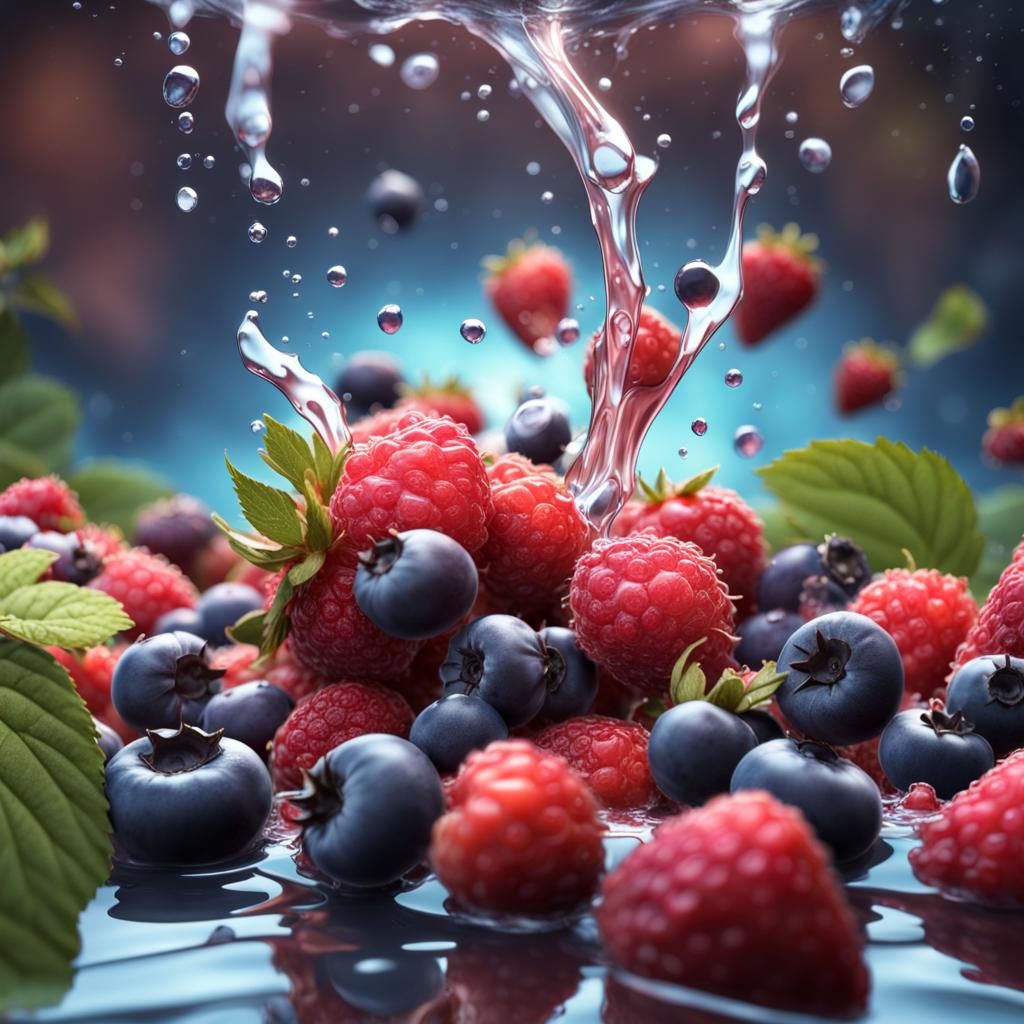Berries with Water Splash in Detailed Digital Painting