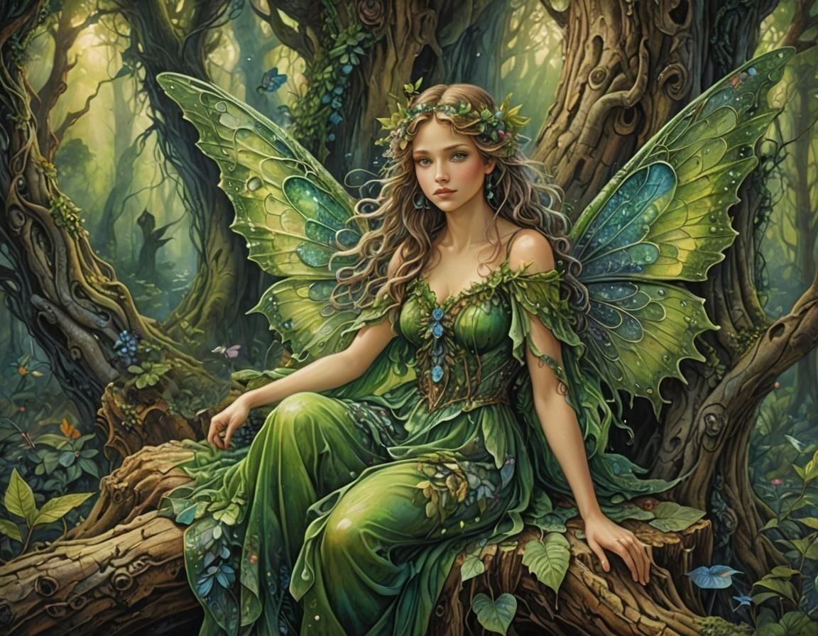 Whimsical Forest Fairy with Green Eyes and Wings