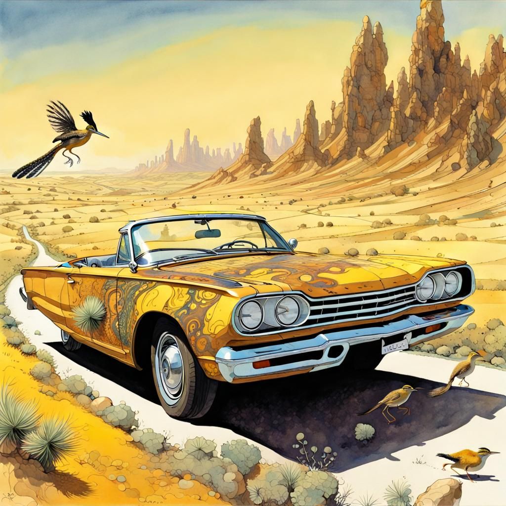 Roadrunner Races Roadster Car in Detailed Landscape