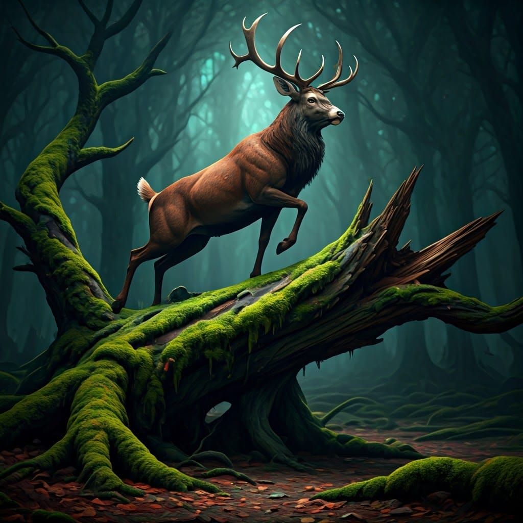 Majestic Buck Leaping in Mystical Forest