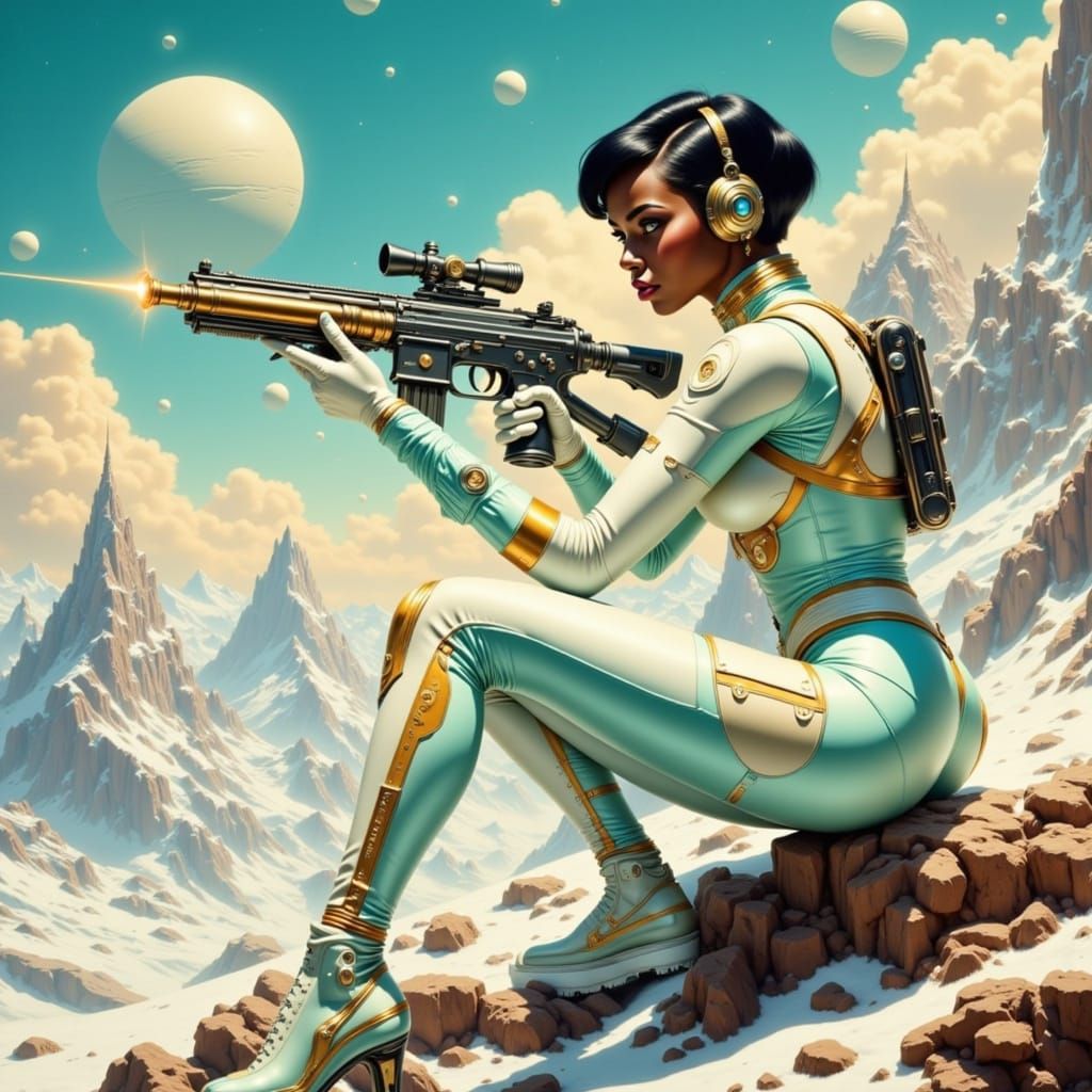 Futuristic Woman Warrior in Retro Sci-Fi Utopia