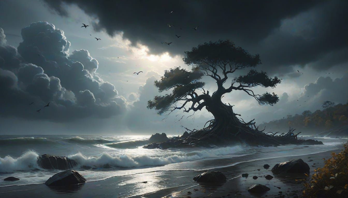 Dark Tree Silhouettes Bend Over Churning Sea