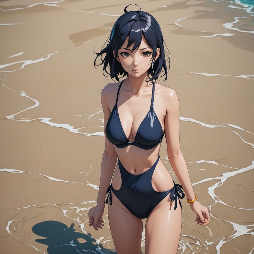 Anime Woman in Swimwear, Cel-Shaded Style