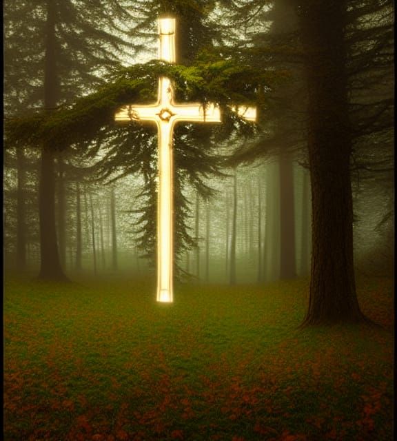 Saint Benedict's Cross in Misty Forest, Pre-Raphaelite Style