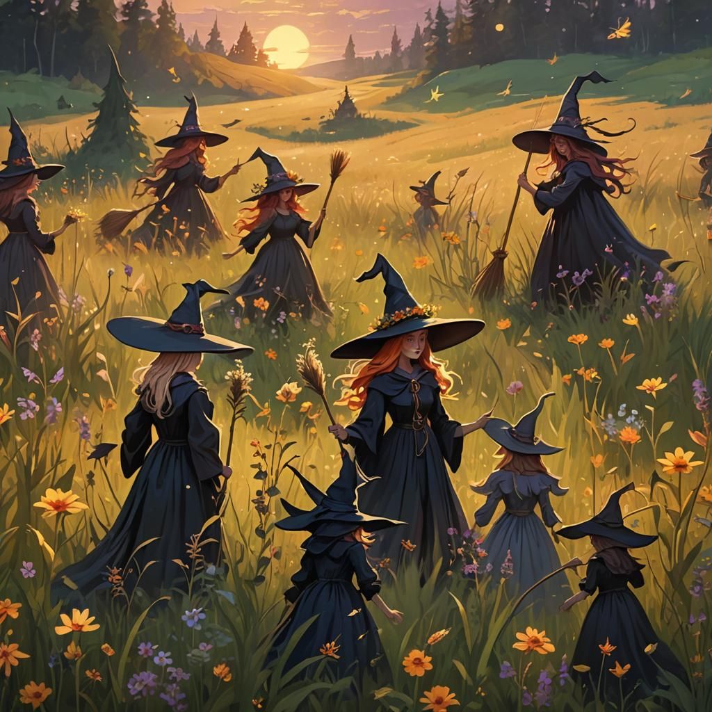 Witches Gathering Wildflowers: Whimsical Fantasy Illustratio...