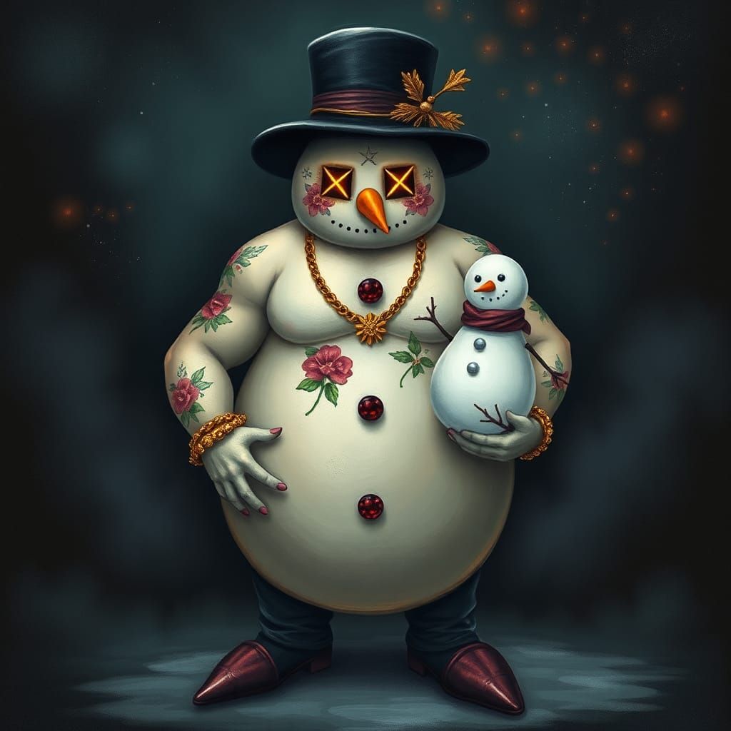 Muscular Snowman with Floral Tattoos and Jewelry