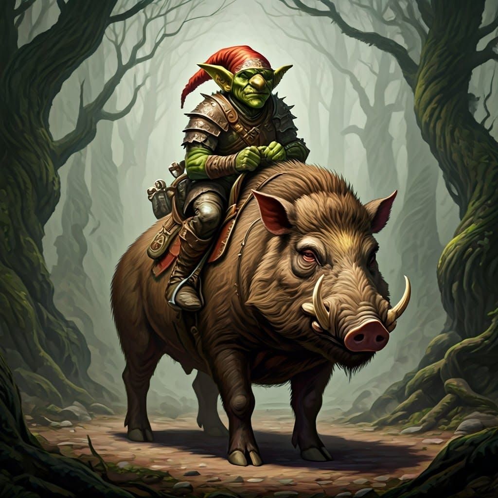 Fantasy Goblin Riding a Wild Hog in a Dark Forest
