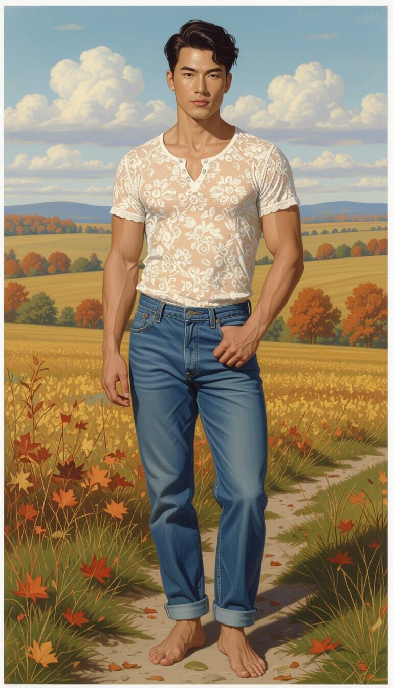 Asian Man's Physique in Autumn Countryside, Gay Art Style