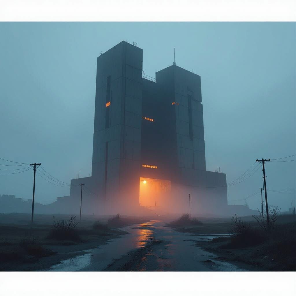 Eerie Brutalist Structure in Wasteland Fog, Cinematic Style