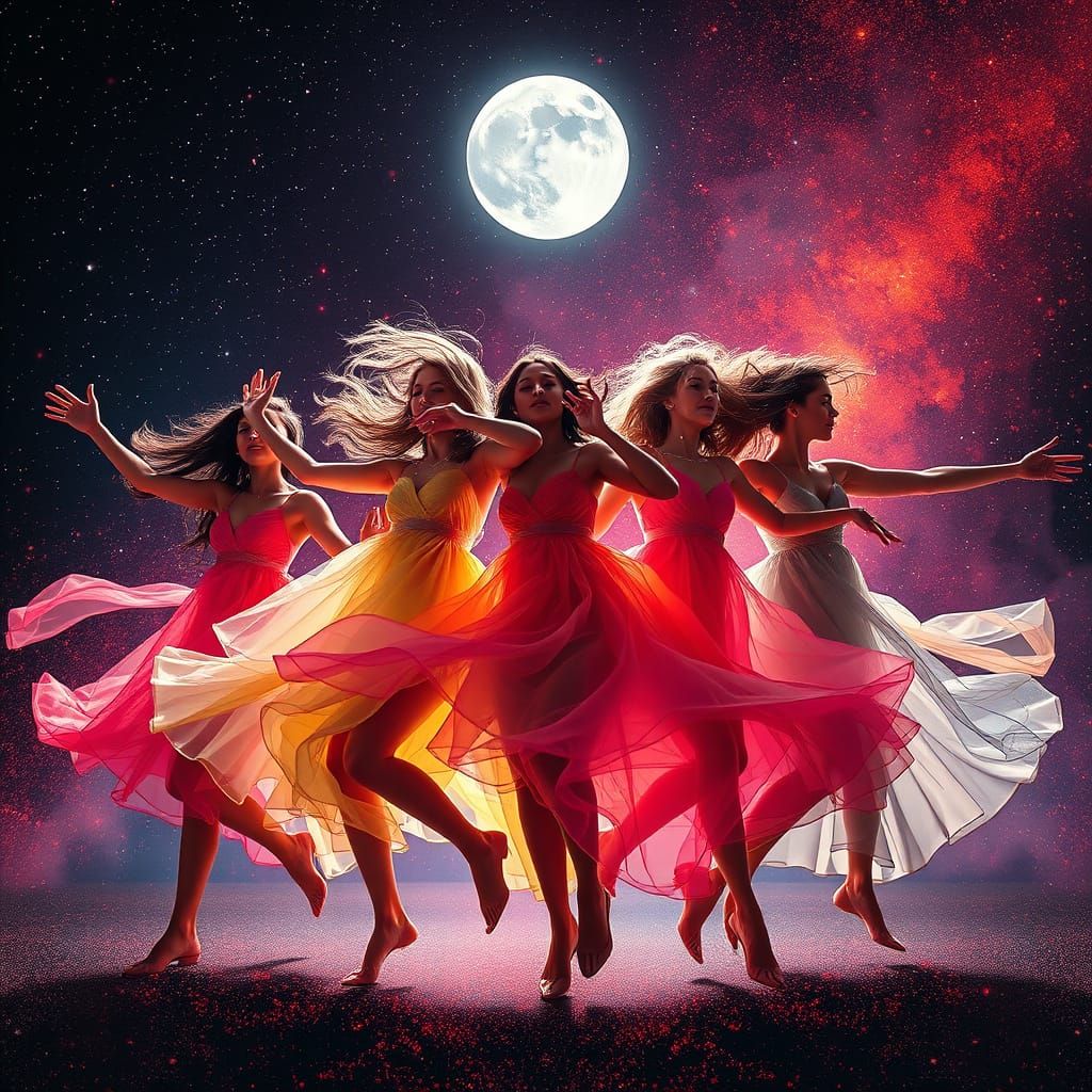 Cosmic Goddesses Dance Under Starry Skies in Vibrant, Ethere...