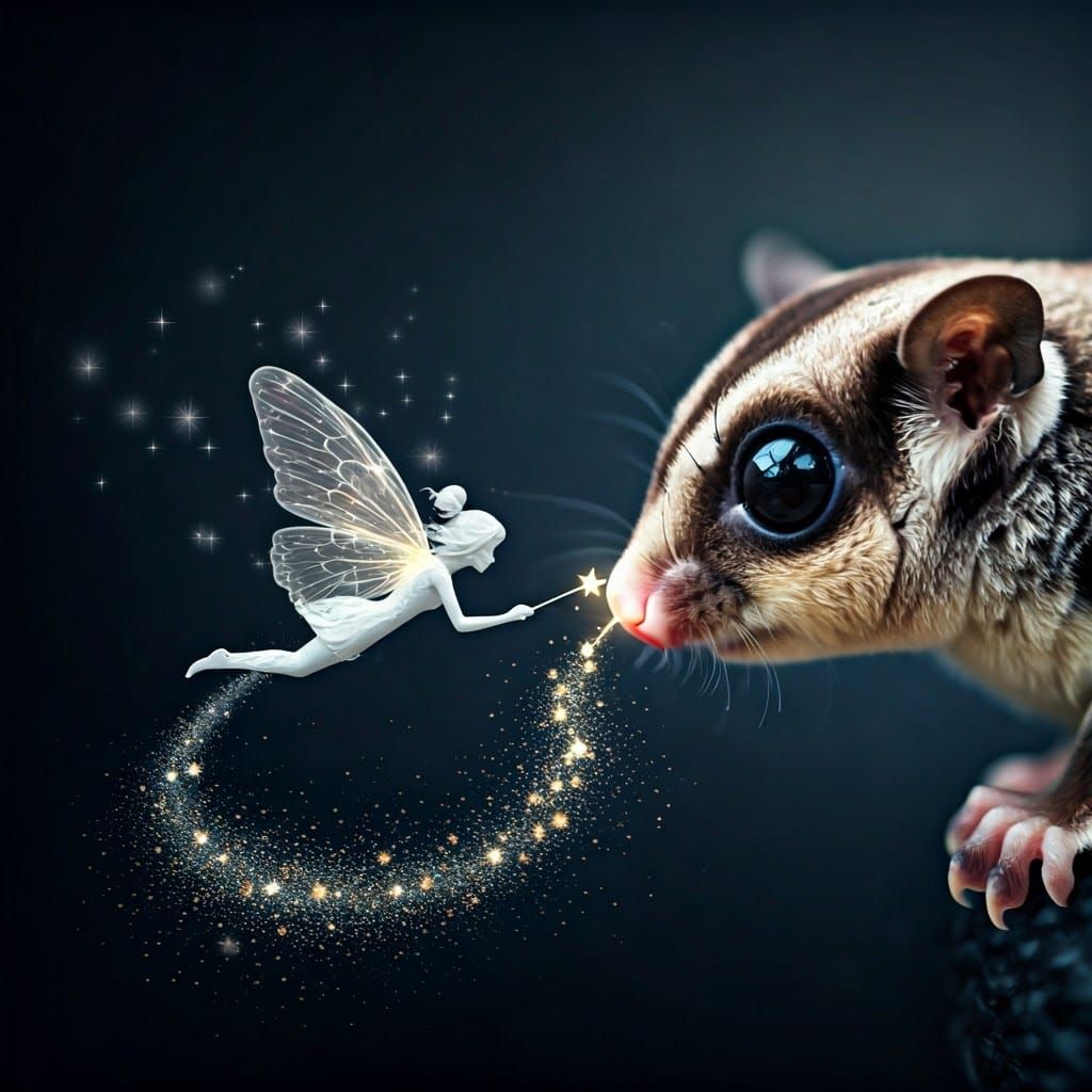 Enchanted Fairy Interacts with Sugar Glider in Ethereal Scen...