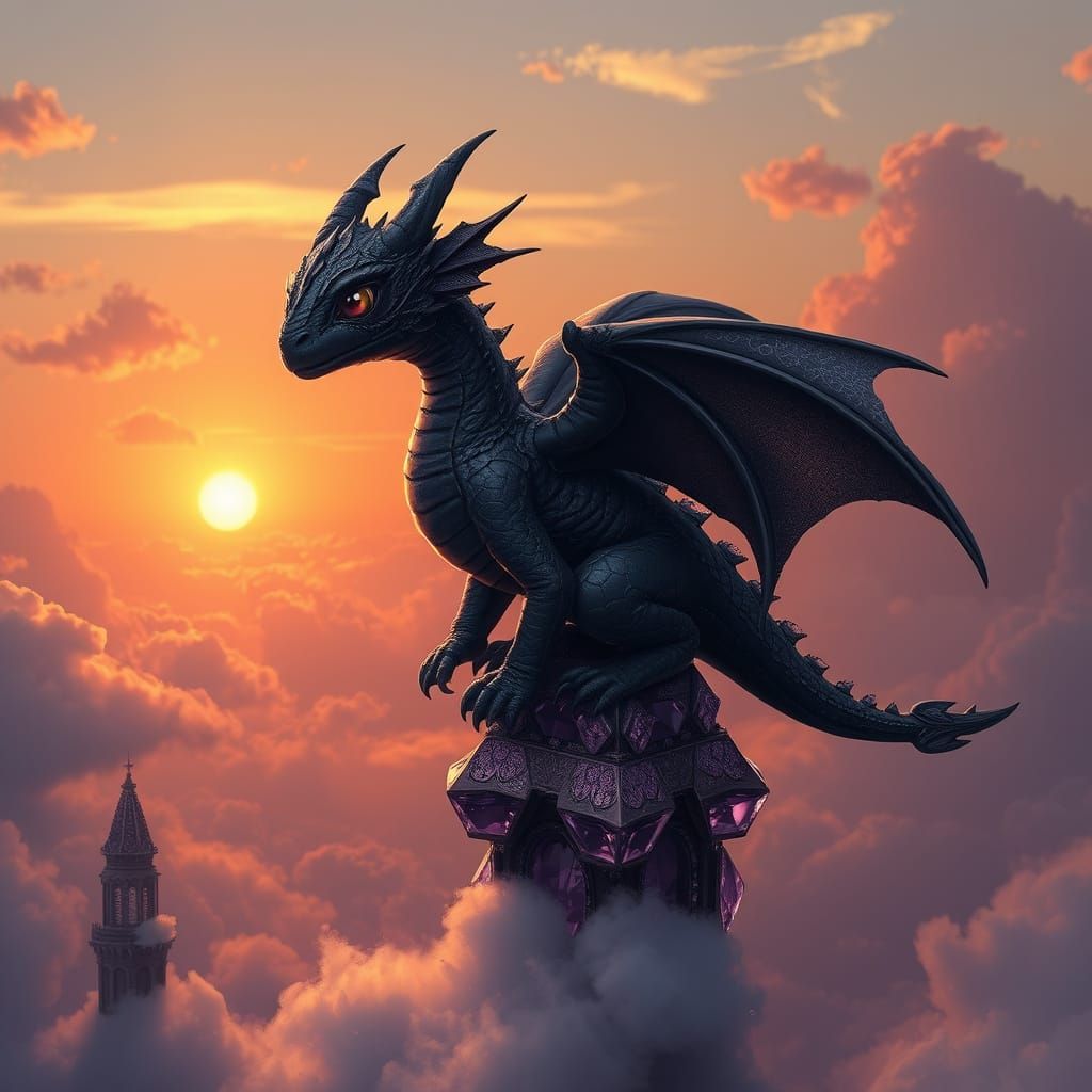 Miniature Dragon Surveys Amethyst City at Sunset