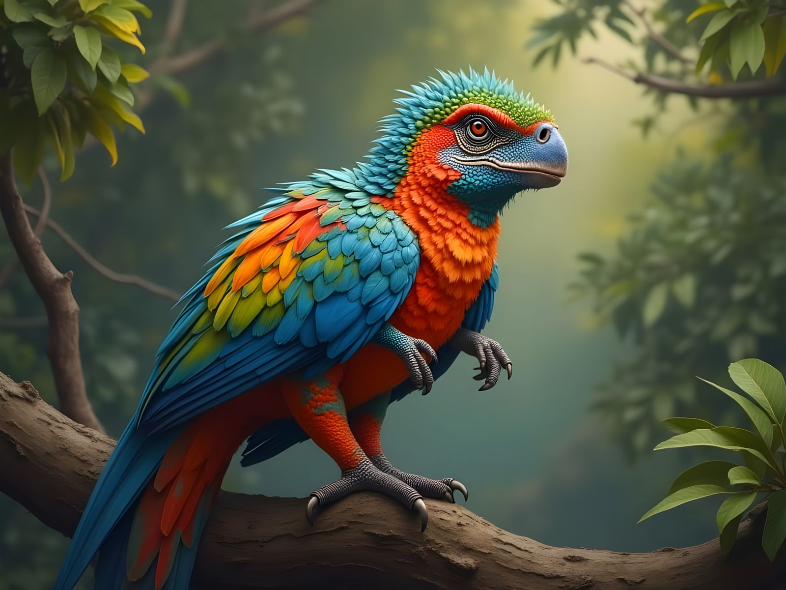 Colorful Feathered Dinosaur in Detailed Nature Illustration