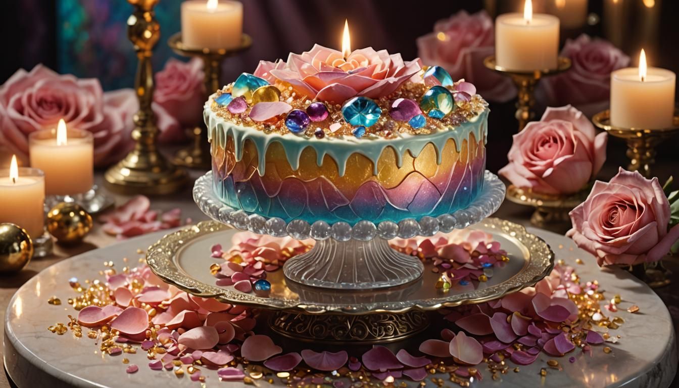 Iridescent Dessert in Surrealist Style with Gemstone Pedesta...