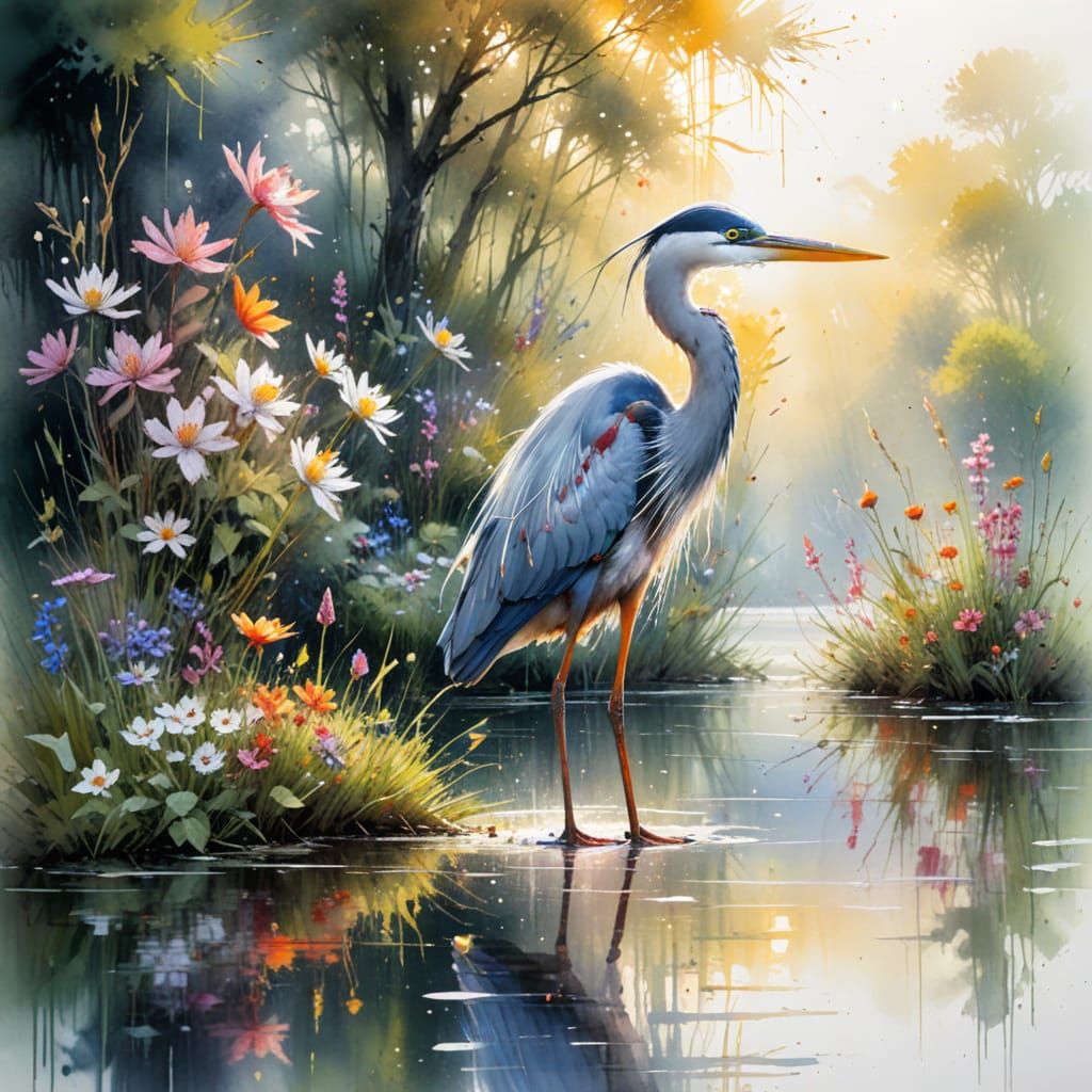 Surreal Forest Scene with a Heron on a Sunlit River