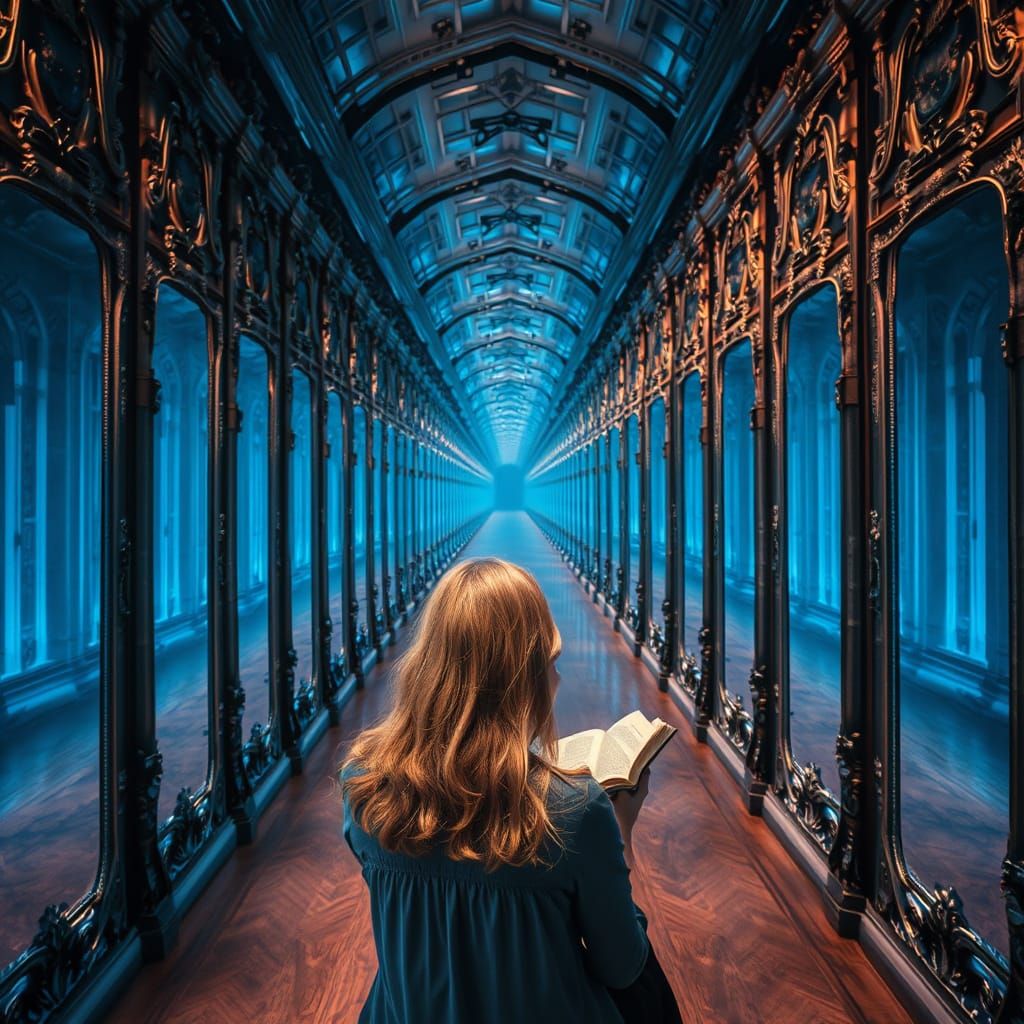 Dreamlike Mirrored Library with Infinite Reflections
