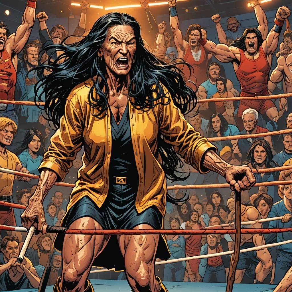 Comic Art: Old Woman Wrestler Flexing Muscles